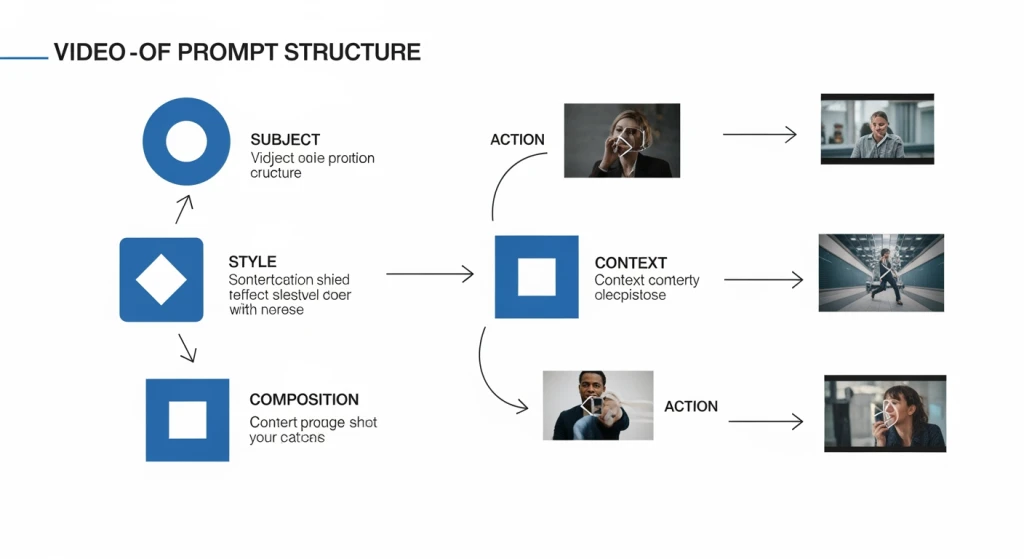 Diagram showing structured prompt components with arrows pointing to different elements of video generation process
