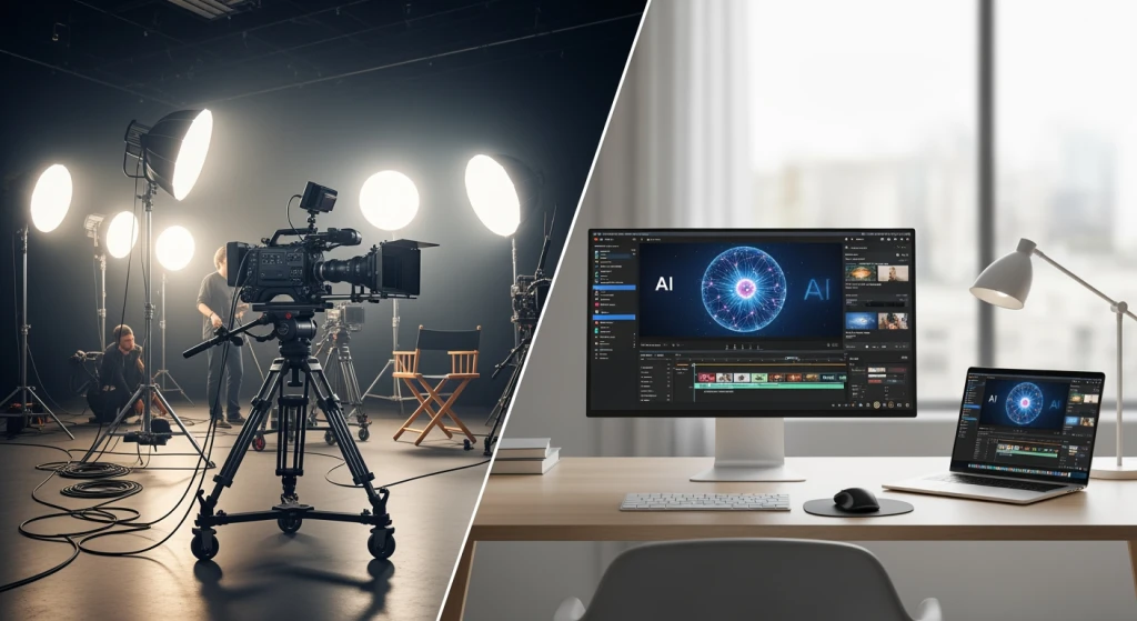 Digital video production studio setup showing the difference between traditional and AI-generated content creation