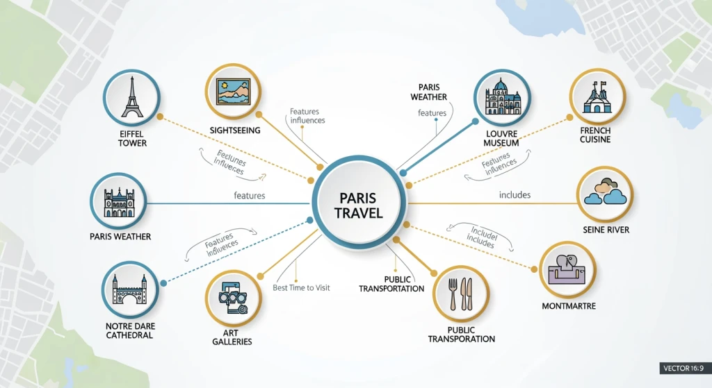 Entity relationship map showing how different concepts and topics connect in semantic SEO with Paris travel example