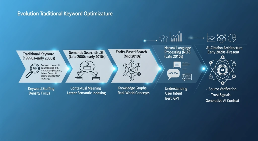 Evolution timeline showing the shift from traditional SEO to AI-citation architecture in 2026