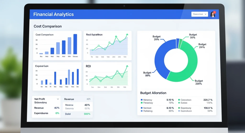 Financial dashboard showing cost comparison between traditional video production and AI-generated content ROI