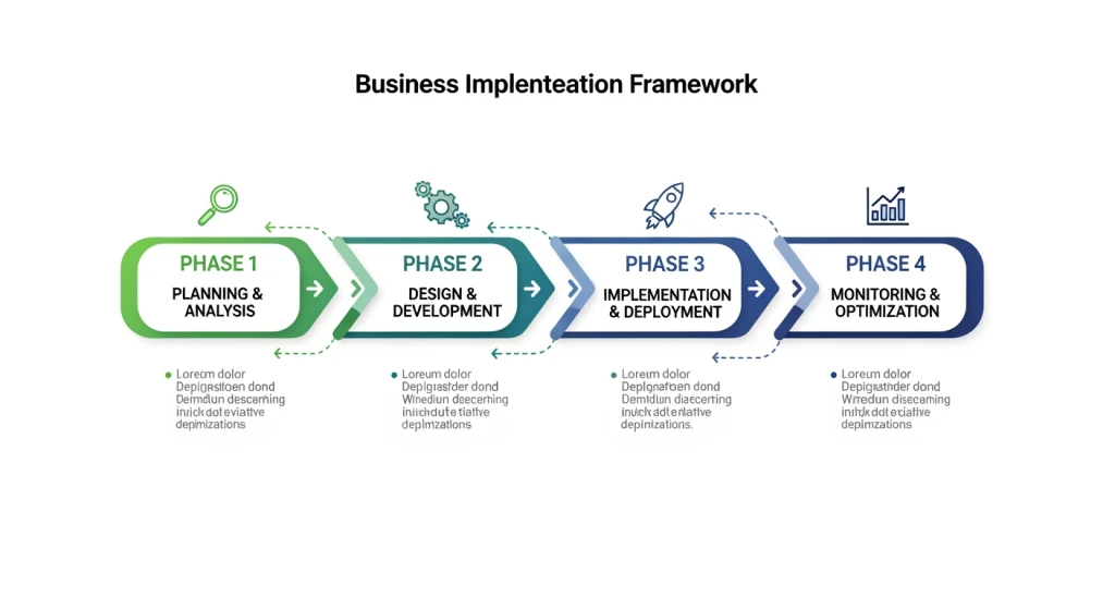 Four connected phases of AI implementation shown as structured workflow with clear progression steps