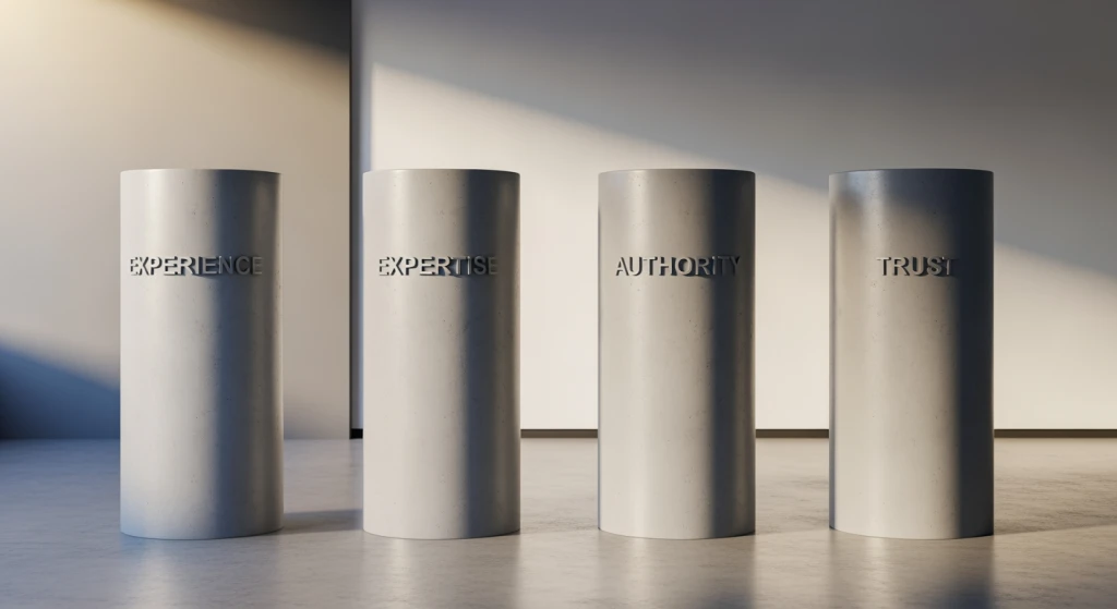 Four interconnected pillars representing E-E-A-T framework with Experience, Expertise, Authority and Trust labels