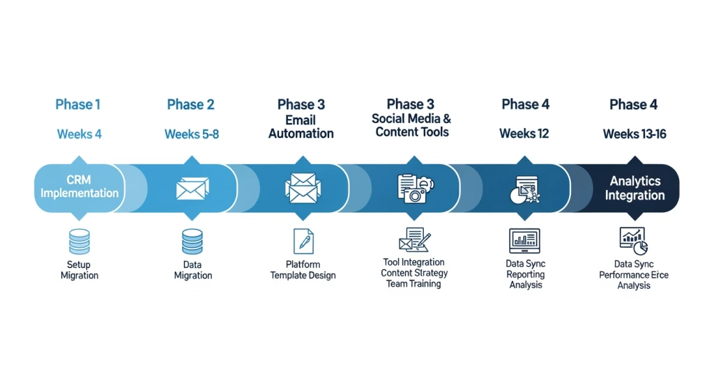Four-phase marketing tool implementation timeline showing gradual rollout strategy over sixteen weeks