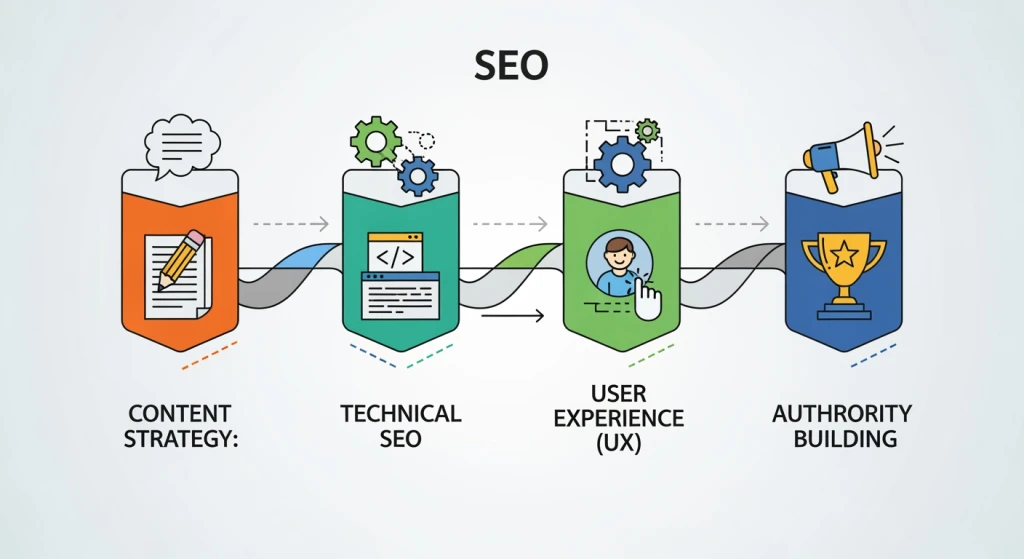 Four pillars of SEO strategy: content, technical, user experience, and authority building