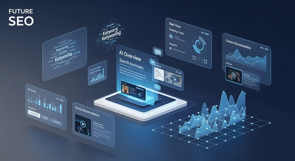 Futuristic SEO trends visualization showing AI Overviews, GEO optimization, and video integration strategies for 2026
