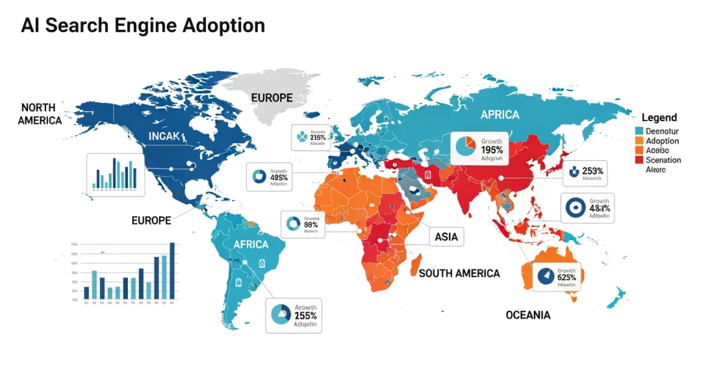 Global map visualization showing AI search engine adoption across different regions