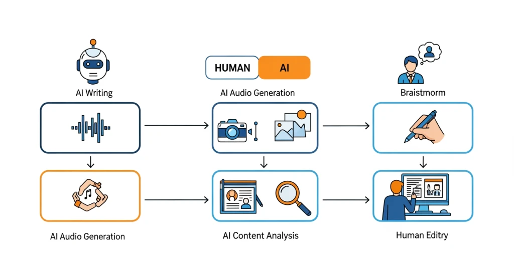 Hybrid human-AI workflow diagram showing content creation process and collaboration