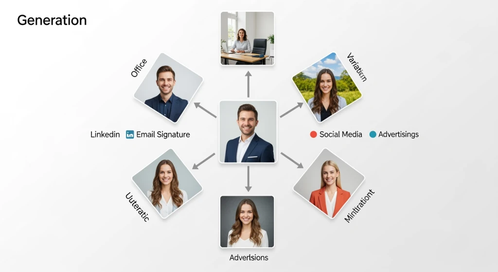 Hybrid photography workflow showing professional anchor photo generating AI variations for marketing campaigns