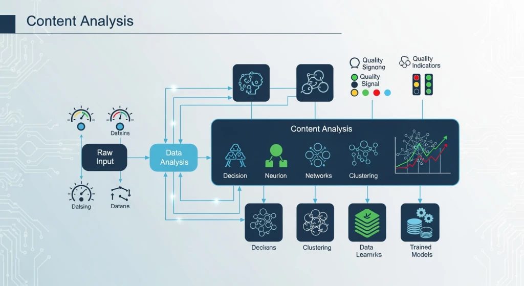 Illustration of content pattern recognition showing AI detection methods and quality signals Google analyzes