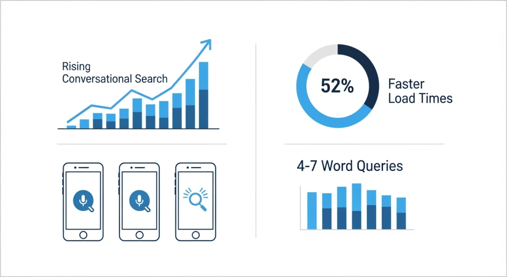 Infographic showing conversational search statistics with rising trend graphs and mobile device usage data