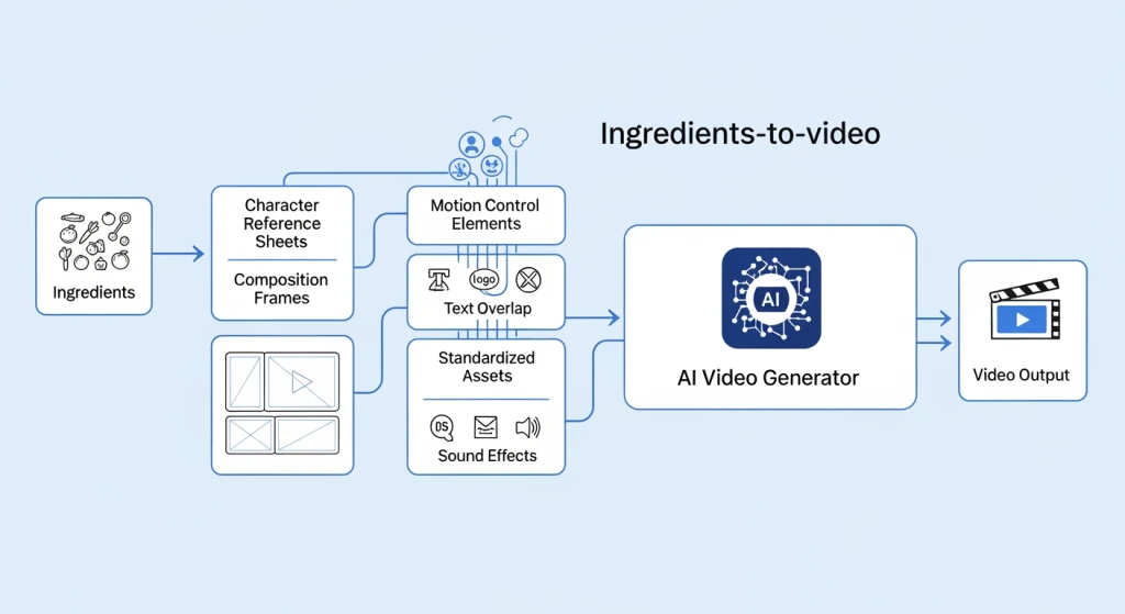 Ingredients-to-video workflow diagram showing character reference sheets and motion control elements