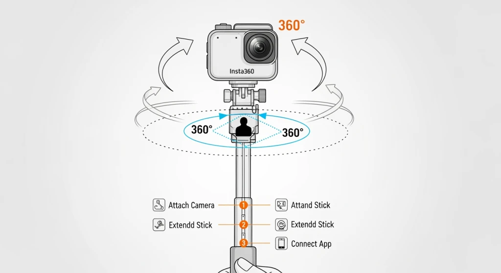 Insta360 camera setup demonstration for bullet time creation with swing technique