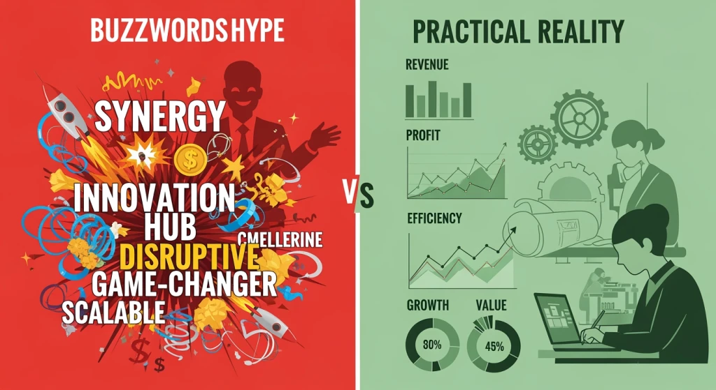 Marketing hype versus reality comparison for AI search optimization strategies and buzzword detection