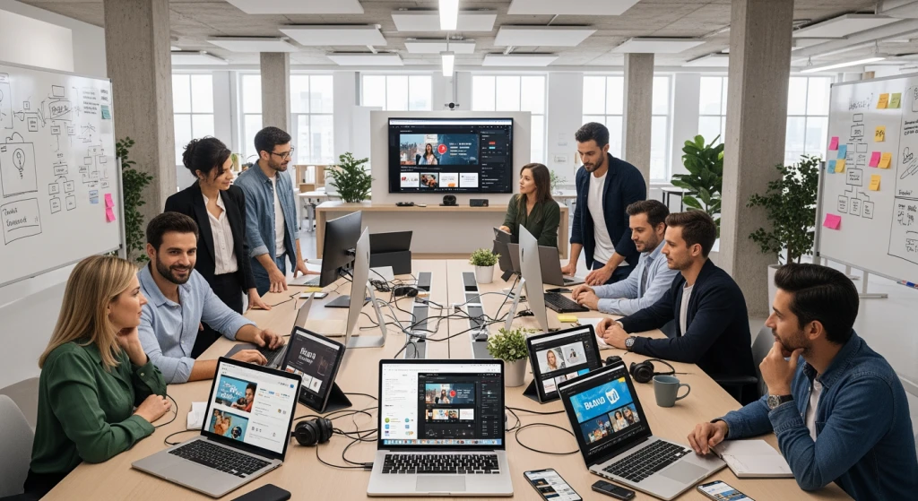 Marketing team collaboration workspace with various digital devices showing video content across multiple platforms