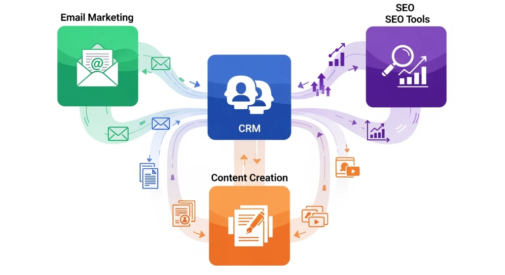 Marketing technology ecosystem showing integrated platforms for CRM, email marketing, SEO, and content creation working together