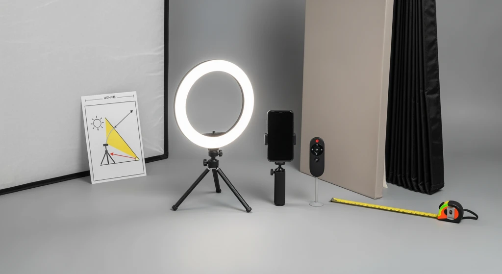Minimal DIY photography equipment setup showing ring light, tripod and smartphone configuration