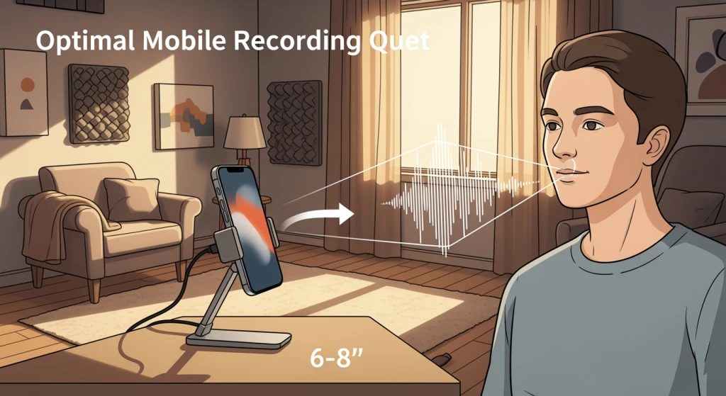 Mobile recording setup showing optimal environment with sound absorption and smartphone positioning for voice cloning