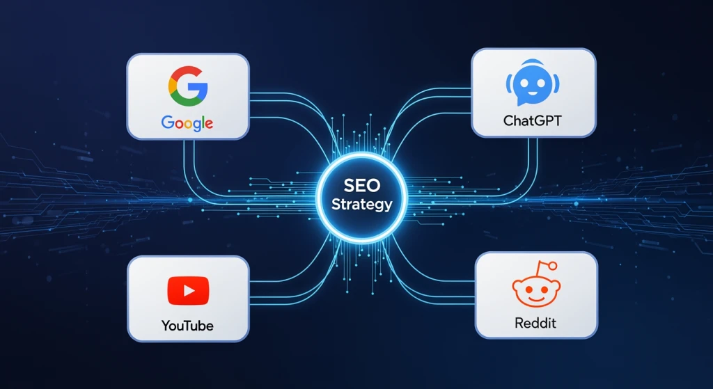 Multi-platform SEO strategy covering Google, AI search engines, YouTube, and social platforms