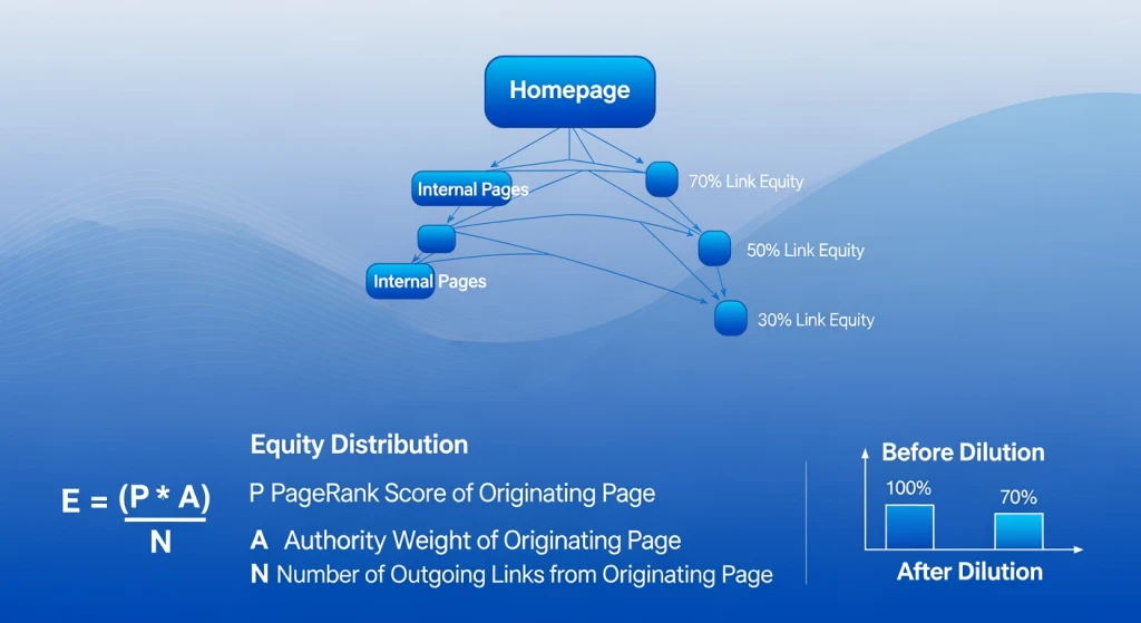 PageRank distribution and link equity flow diagram for internal links