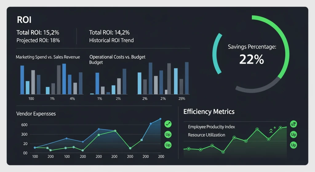 ROI comparison dashboard showing cost savings metrics between traditional photography and AI content generation tools