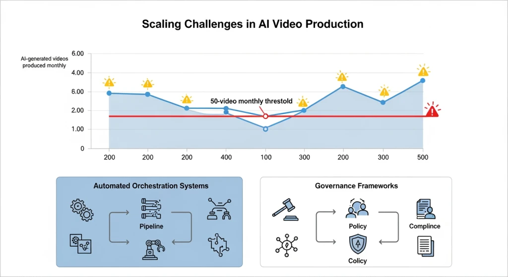 Scaling challenges visualization showing video production volume thresholds and breaking points