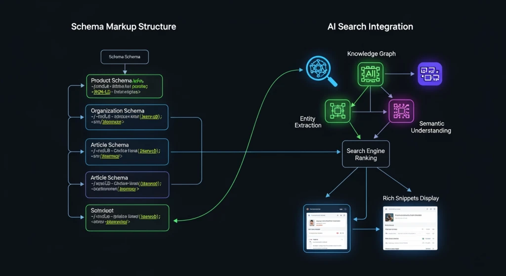 Schema markup code visualization with AI search engine integration points