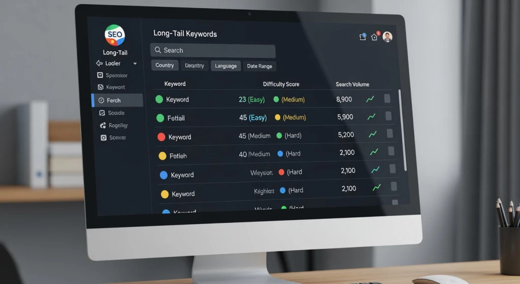 SEO keyword research tools interface showing long-tail keyword suggestions and difficulty scores