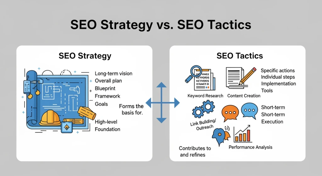 SEO strategy framework diagram showing the relationship between strategy and tactics