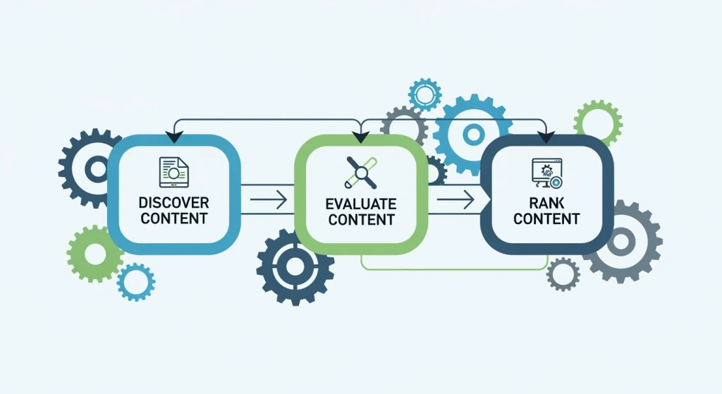 SEO strategy workflow showing discovery, evaluation, and ranking process
