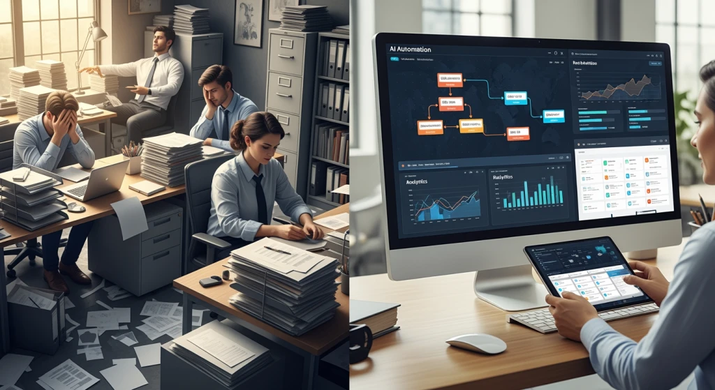 Split-screen comparison showing chaotic disorganized business processes versus streamlined automated AI workflows with clear improvement metrics