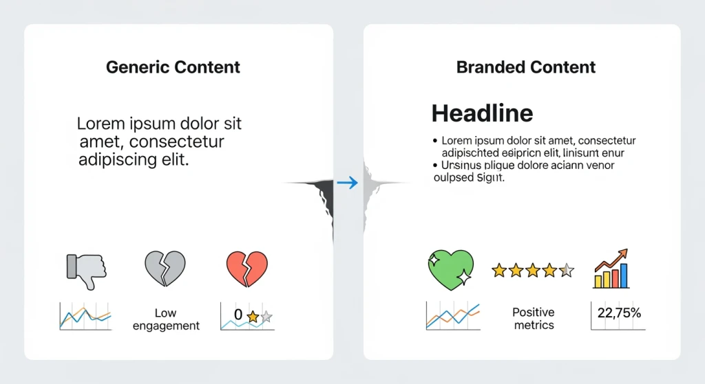 Split screen comparison showing generic AI content versus branded human-edited content with engagement metrics