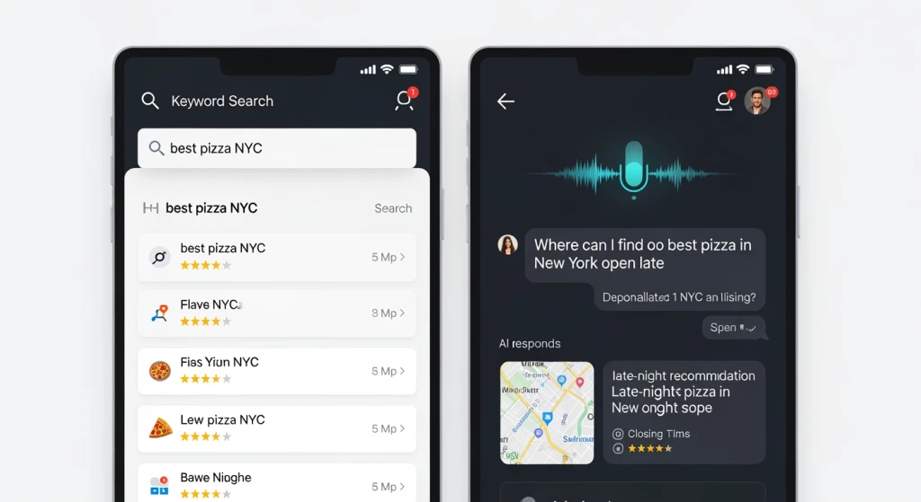 Split screen comparison showing traditional keyword search versus conversational voice search query with AI-generated response