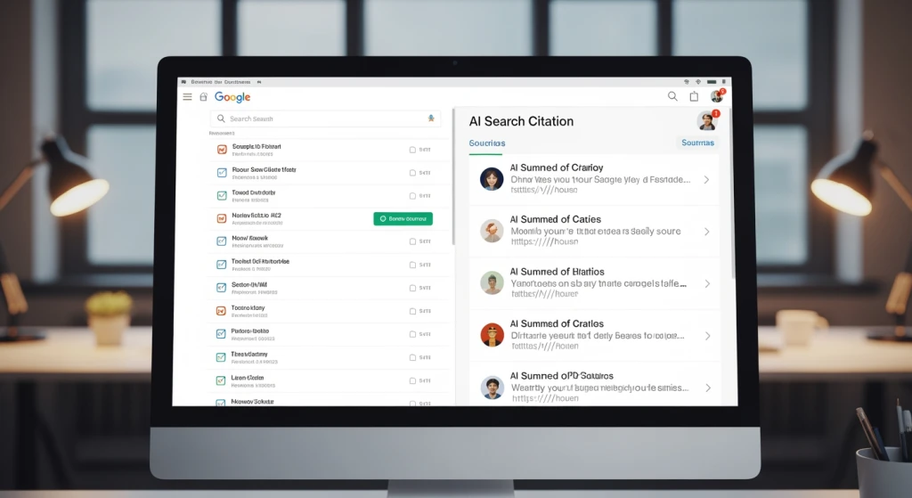 Split screen comparison showing traditional search results versus AI search citations and trusted sources