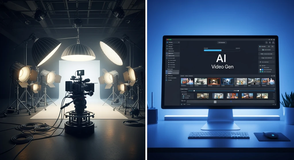 Split screen comparison showing traditional video production setup versus AI video generation interface