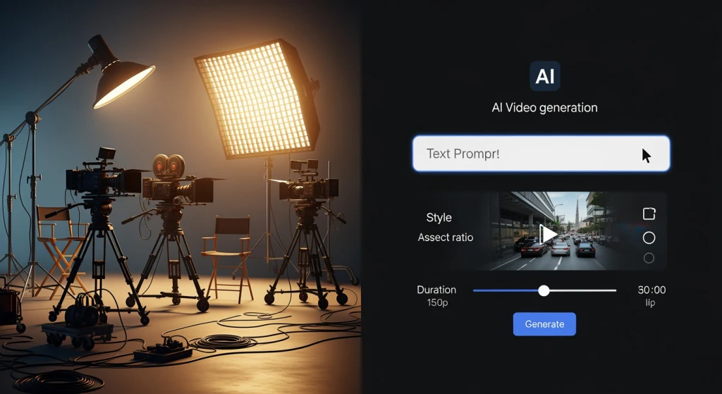 Split screen comparison showing traditional video production setup versus AI-generated video interface with prompt text and generated output