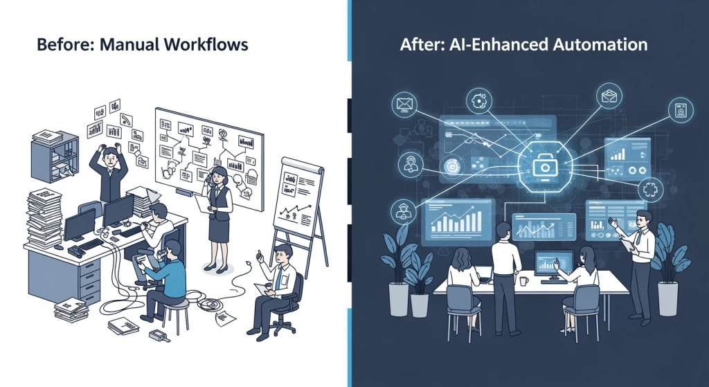 Split screen showing traditional manual processes versus AI-automated workflows in business operations