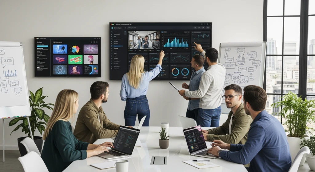 Startup team collaborating on video content strategy using AI tools and analytics dashboards