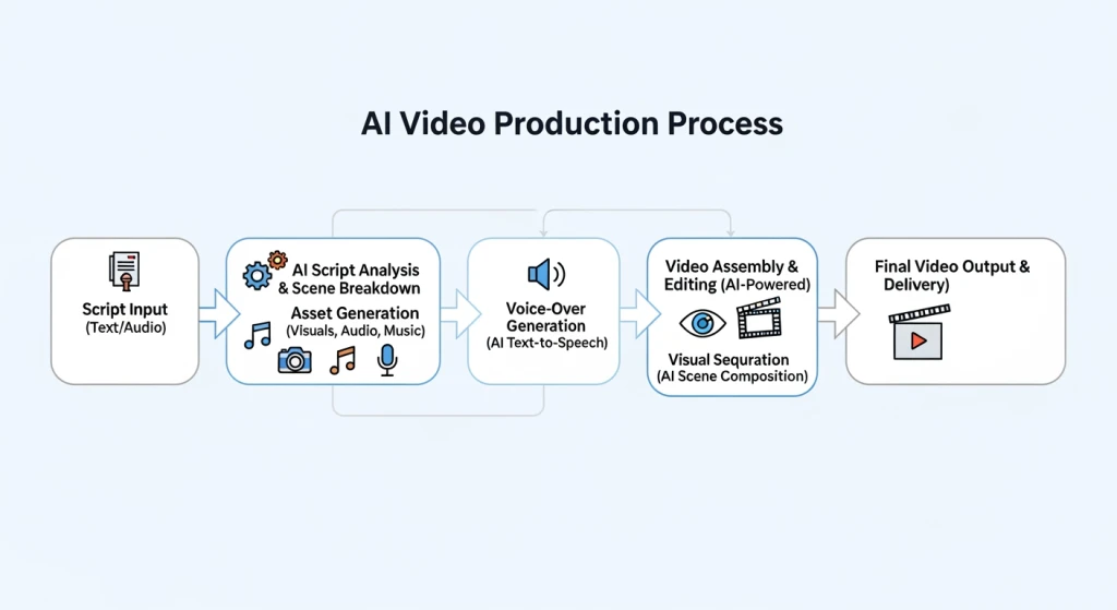 Step-by-step AI video production process flowchart with script optimization stages