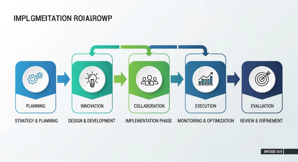 Step-by-step visual framework diagram showing 5 connected stages of AI implementation with icons and progress indicators for mid-sized businesses