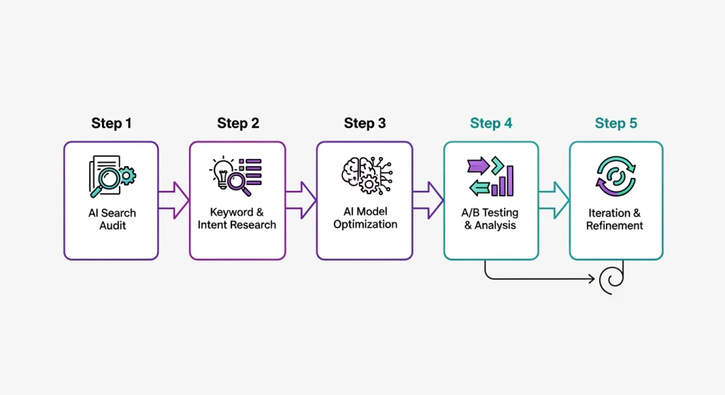 Step-by-step workflow diagram for implementing hybrid AI search optimization strategies in 2026