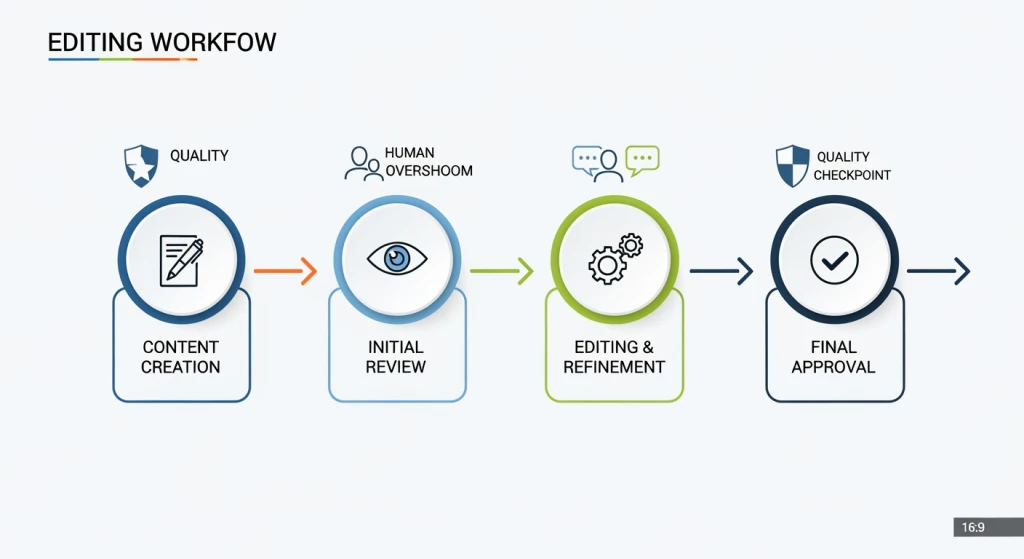 Step-by-step workflow diagram showing the 4-phase AI content creation and editing process for SEO optimization