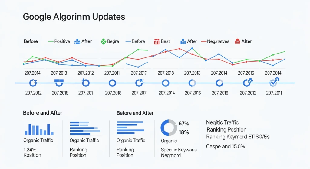 Timeline showing Google algorithm updates and their impact on AI content rankings from 2025 to 2026