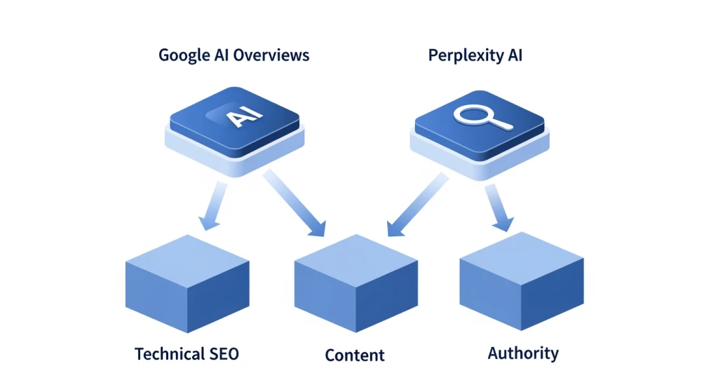 Traditional SEO fundamentals diagram showing crawlability, content quality, and backlinks as foundation for AI search success
