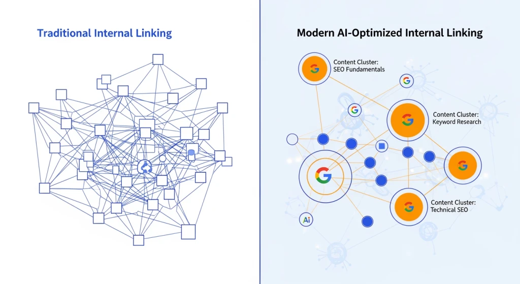 Traditional vs AI-era internal linking strategies comparison visualization