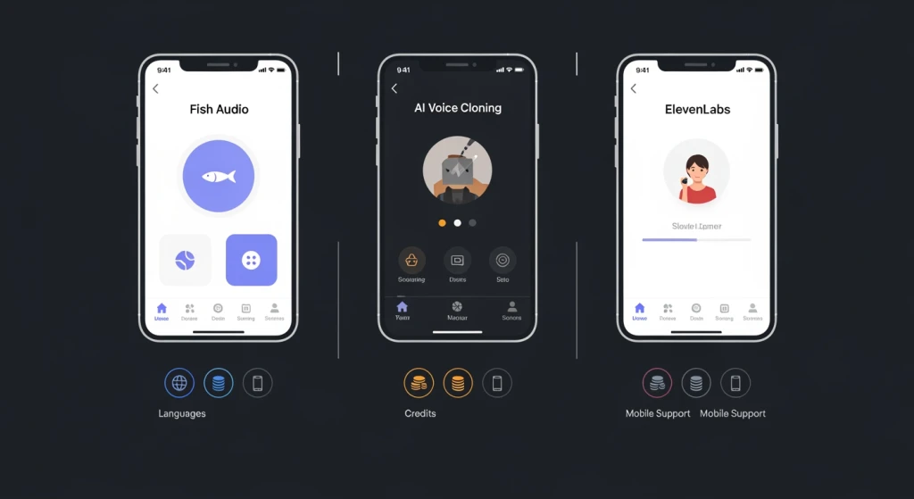 Visual comparison of free AI voice cloning tools Fish Audio, AI Voice Cloning app, and ElevenLabs