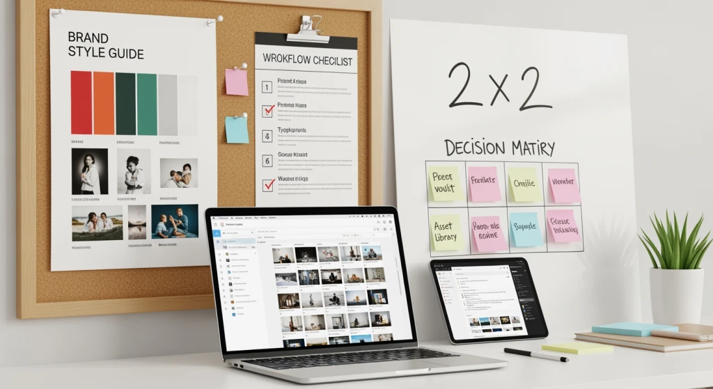 Visual content management system showing brand guidelines, workflow checklist and organized asset library
