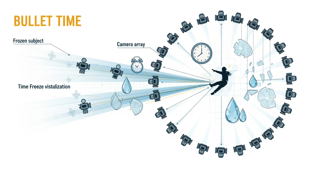 Visual explanation of bullet time effect mechanics showing time freeze and camera movement