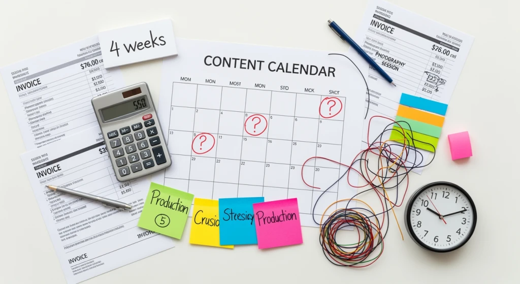 Visual representation of content production workflow showing timeline gaps and resource constraints