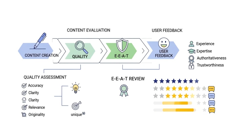 Visual representation of Google’s content quality evaluation process showing E-E-A-T signals and user engagement metrics